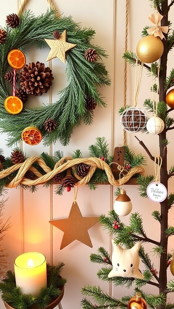 A collection of DIY Christmas Yule decorations including a pinecone wreath, cinnamon stick garland, and handmade ornaments on a wooden tree.